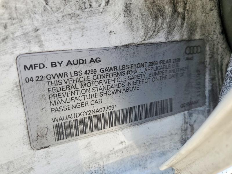 2022 Audi A3 მანქანა იყიდება აუქციონზე, vin: WAUAUDGY2NA077091, აუქციონის ნომერი: 61406346