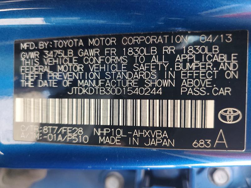 61573366 :رقم المزاد ، JTDKDTB30D1540244 vin ، 2013 Toyota Prius C مزاد بيع