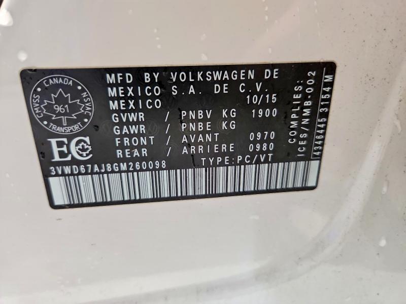 Aukcja sprzedaży 2016 Volkswagen Jetta, vin: 3VWD67AJ8GM260098, numer aukcji: 61379706
