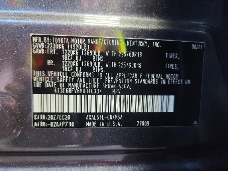 Aukcja sprzedaży 2021 Toyota Rav4, vin: 4T3E6RFV6MU040337, numer aukcji: 60372146
