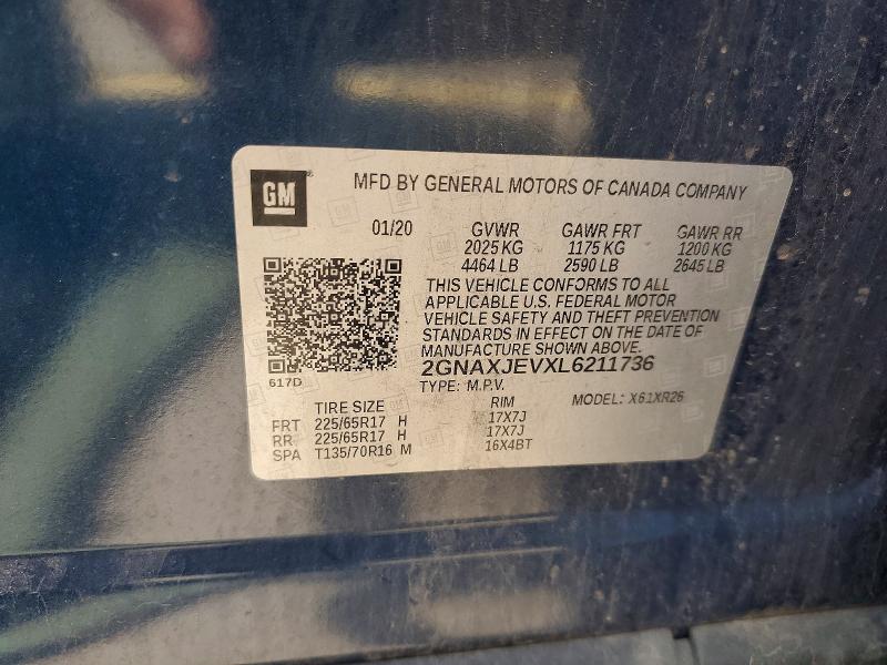 59303526 :رقم المزاد ، 2GNAXJEVXL6211736 vin ، 2020 Chevrolet Equinox مزاد بيع