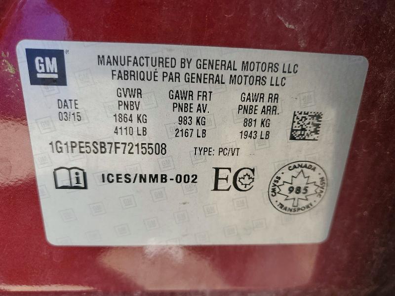 Aukcja sprzedaży 2015 Chevrolet Cruze, vin: 1G1PE5SB7F7215508, numer aukcji: 59995286
