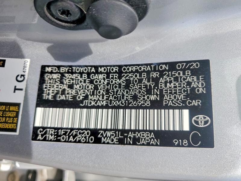 Продажа на аукционе авто 2021 Toyota Prius, vin: JTDKAMFUXM3126958, номер лота: 60851166