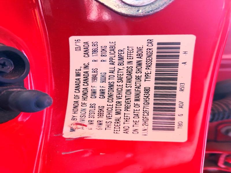 61036386 :رقم المزاد ، 2HGFC2F71GH543480 vin ، 2016 Honda Civic مزاد بيع