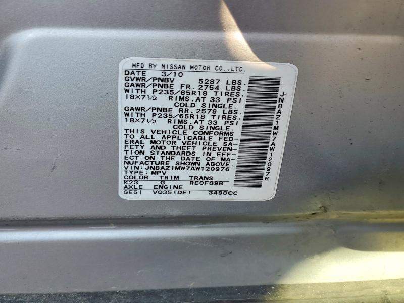 Aukcja sprzedaży 2010 Nissan Murano, vin: JN8AZ1MW7AW120976, numer aukcji: 59594176