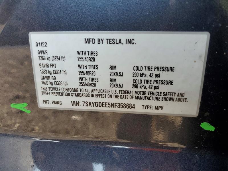 62912286 :رقم المزاد ، 7SAYGDEE5NF358684 vin ، 2022 Tesla Model Y مزاد بيع