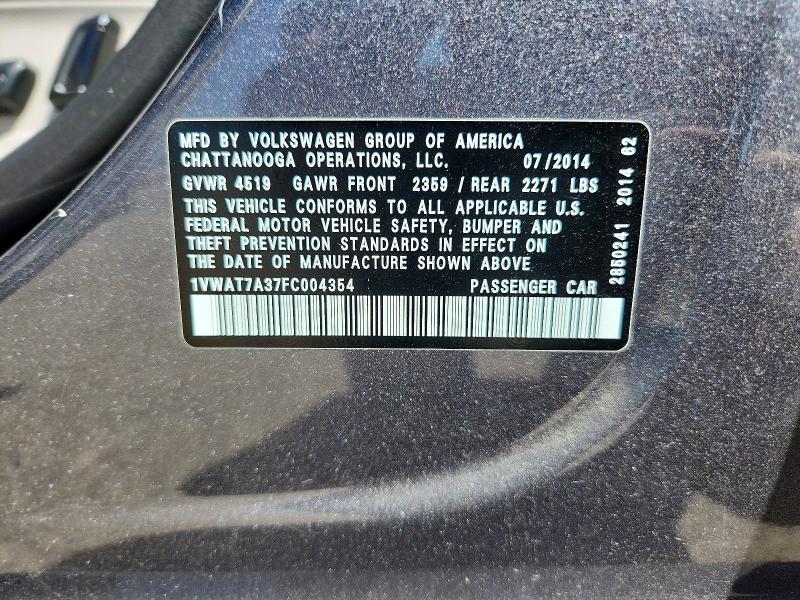 Aukcja sprzedaży 2015 Volkswagen Passat, vin: 1VWAT7A37FC004354, numer aukcji: 62288006