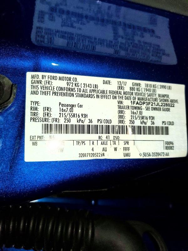 2018 Ford Focus მანქანა იყიდება აუქციონზე, vin: 1FADP3F21JL228022, აუქციონის ნომერი: 61513106