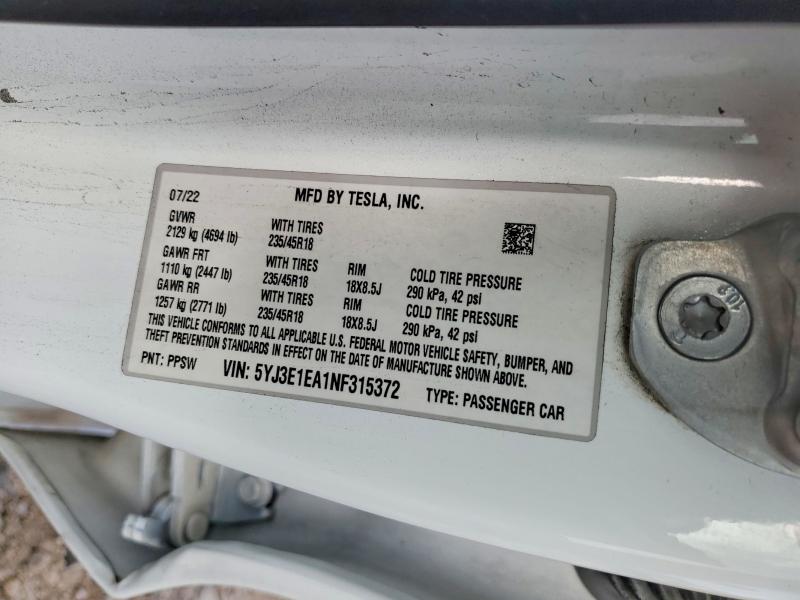 61839286 :رقم المزاد ، 5YJ3E1EA1NF315372 vin ، 2022 Tesla Model 3 مزاد بيع