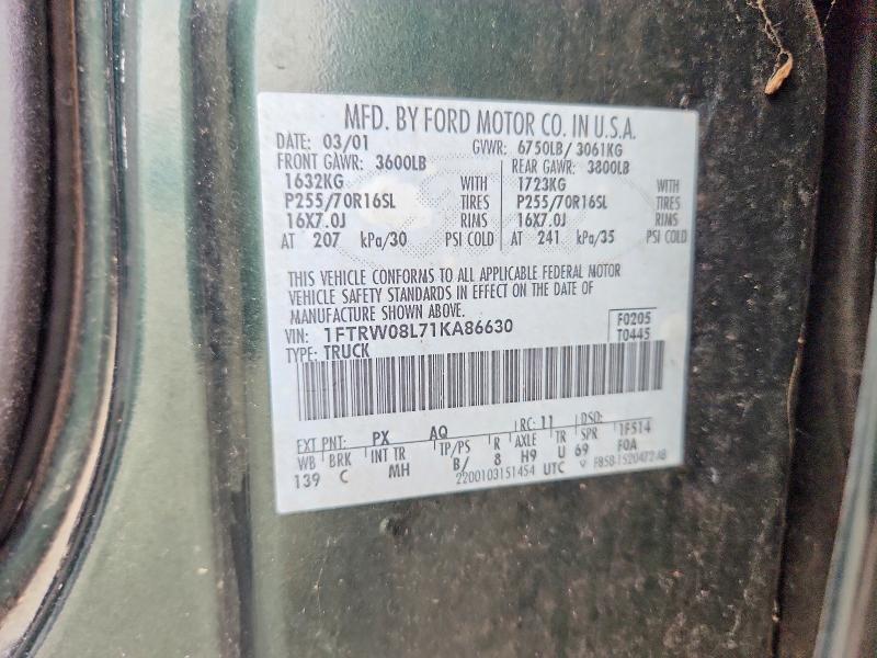 Aukcja sprzedaży 2001 Ford F150, vin: 1FTRW08L71KA86630, numer aukcji: 62795206