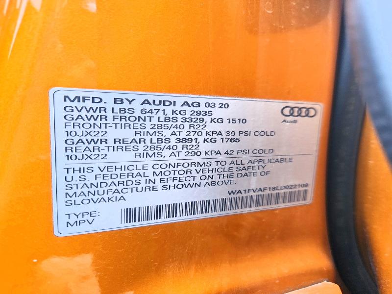2020 Audi Q8 მანქანა იყიდება აუქციონზე, vin: WA1FVAF18LD022109, აუქციონის ნომერი: 59907086