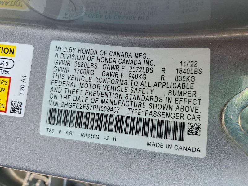Продаж на аукціоні авто 2023 Honda Civic, vin: 2HGFE2F57PH509407, номер лоту: 62115856