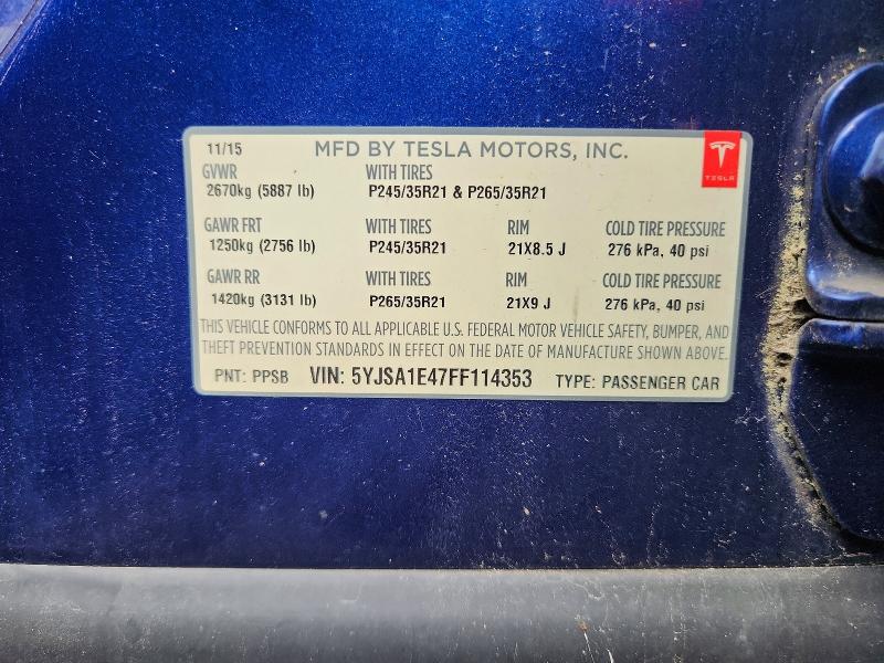 Продажа на аукционе авто 2015 Tesla Model S, vin: 5YJSA1E47FF114353, номер лота: 62977956