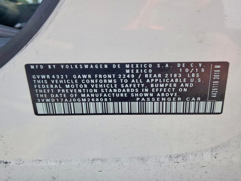 2016 Volkswagen Jetta მანქანა იყიდება აუქციონზე, vin: 3VWD17AJ0GM268081, აუქციონის ნომერი: 63117616