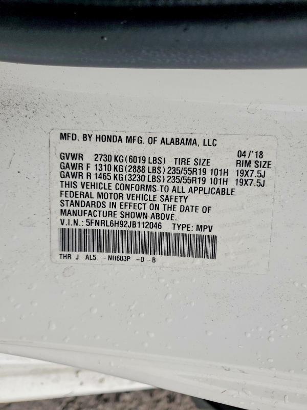 Aukcja sprzedaży 2018 Honda Odyssey, vin: 5FNRL6H92JB112046, numer aukcji: 60470916
