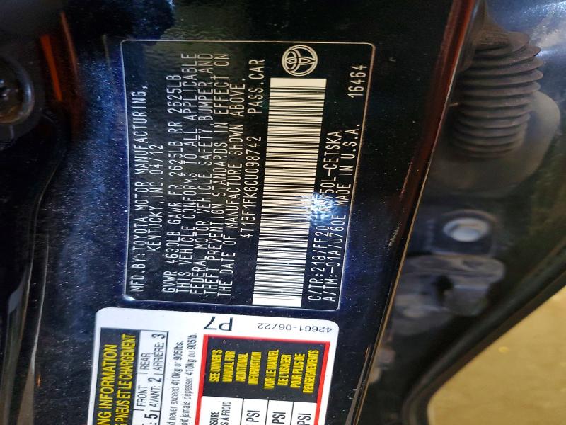 60441896 :رقم المزاد ، 4T1BF1FK6CU098742 vin ، 2012 Toyota Camry مزاد بيع