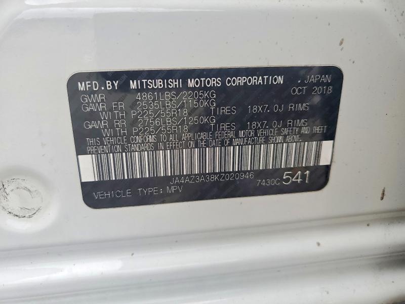 2019 Mitsubishi Outlander მანქანა იყიდება აუქციონზე, vin: JA4AZ3A38KZ020946, აუქციონის ნომერი: 59355616