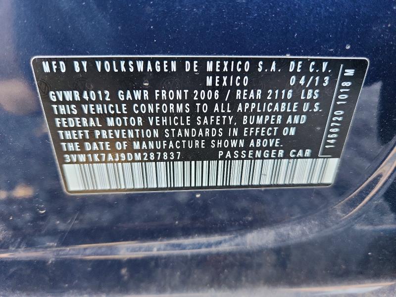 62344706 :رقم المزاد ، 3VW1K7AJ9DM287837 vin ، 2013 Volkswagen Jetta مزاد بيع