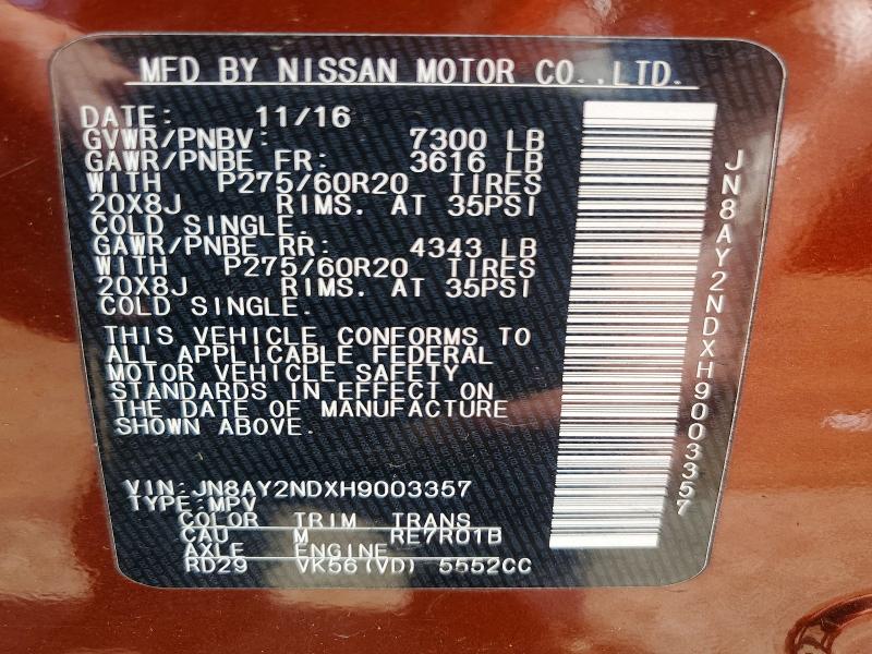 63224506 :رقم المزاد ، JN8AY2NDXH9003357 vin ، 2017 Nissan Armada مزاد بيع