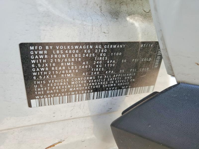 2015 Volkswagen Tiguan მანქანა იყიდება აუქციონზე, vin: WVGAV7AX2FW518896, აუქციონის ნომერი: 61879556
