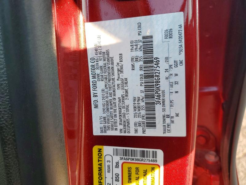 Продаж на аукціоні авто 2016 Ford Fusion, vin: 3FA6P0K98GR275469, номер лоту: 61888026