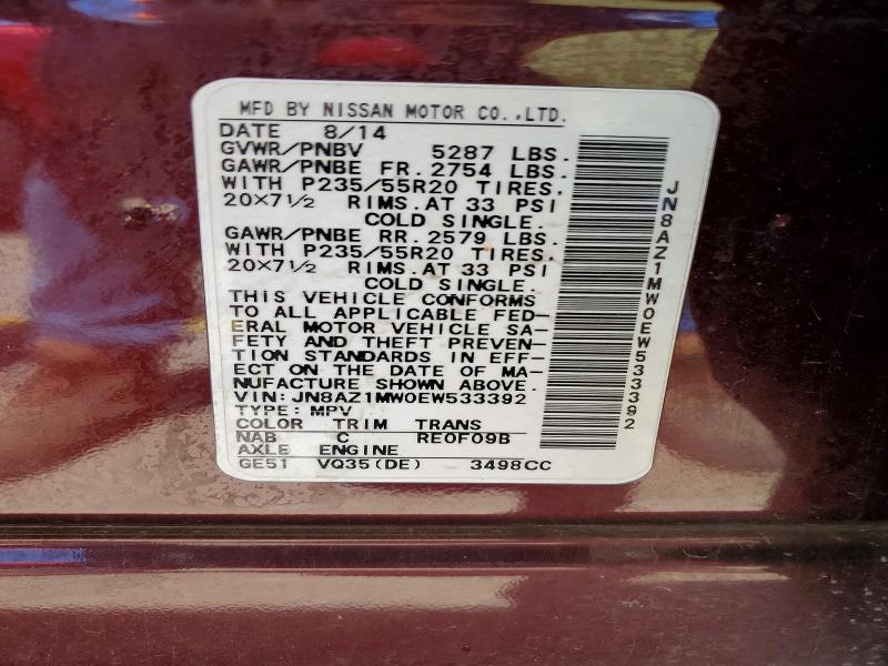 62162886 :رقم المزاد ، JN8AZ1MW0EW533392 vin ، 2014 Nissan Murano مزاد بيع