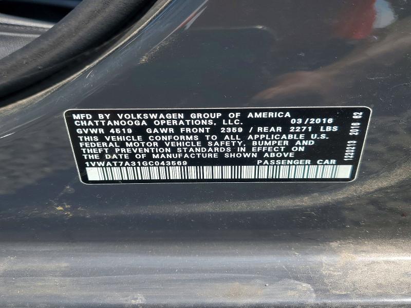 Продаж на аукціоні авто 2016 Volkswagen Passat, vin: 1VWAT7A31GC043569, номер лоту: 61163616