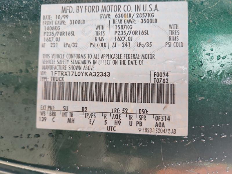 59091676 :رقم المزاد ، 1FTRX17L0YKA32343 vin ، 2000 Ford F150 مزاد بيع
