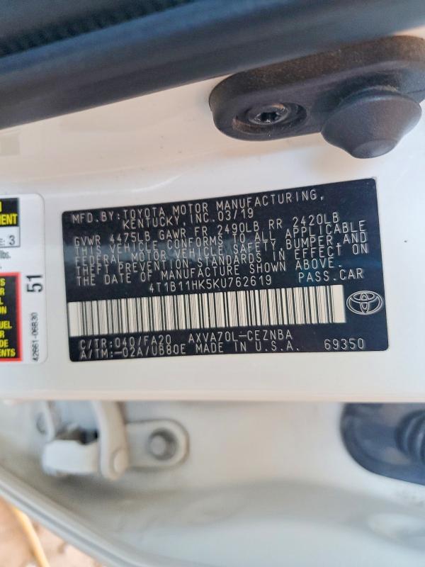 Продажа на аукционе авто 2019 Toyota Camry, vin: 4T1B11HK5KU762619, номер лота: 60448966