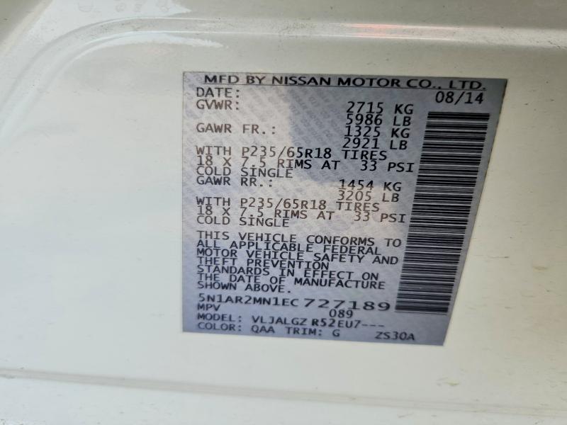 Продажа на аукционе авто 2014 Nissan Pathfinder, vin: 5N1AR2MN1EC727189, номер лота: 62779166