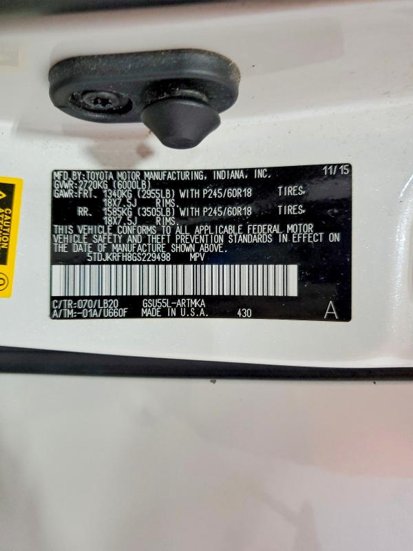 Aukcja sprzedaży 2016 Toyota Highlander, vin: 5TDJKRFH8GS229498, numer aukcji: 59904456