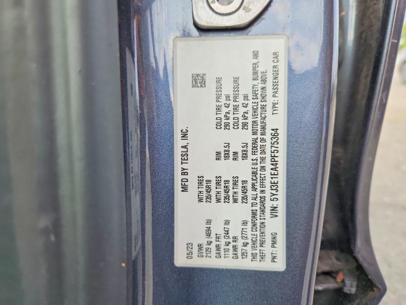 2023 Tesla Model 3 მანქანა იყიდება აუქციონზე, vin: 5YJ3E1EA4PF575364, აუქციონის ნომერი: 61731106