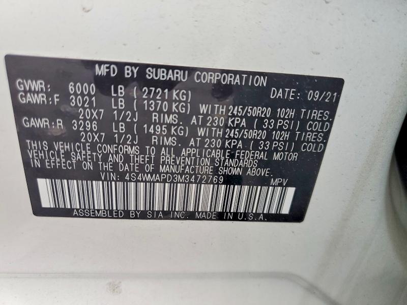 Продажа на аукционе авто 2021 Subaru Ascent, vin: 4S4WMAPD3M3472769, номер лота: 59251886