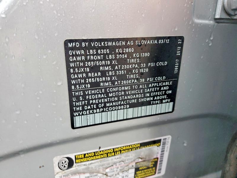 60226286 :رقم المزاد ، WVGEK9BP1CD009829 vin ، 2012 Volkswagen Touareg مزاد بيع