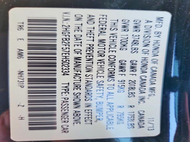 61041296 :رقم المزاد ، 2HGFB2F57EH502334 vin ، 2014 Honda Civic مزاد بيع