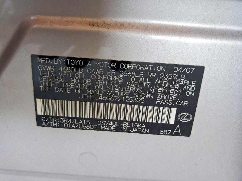 Aukcja sprzedaży 2007 Lexus Es, vin: JTHBJ46G672125325, numer aukcji: 61575146
