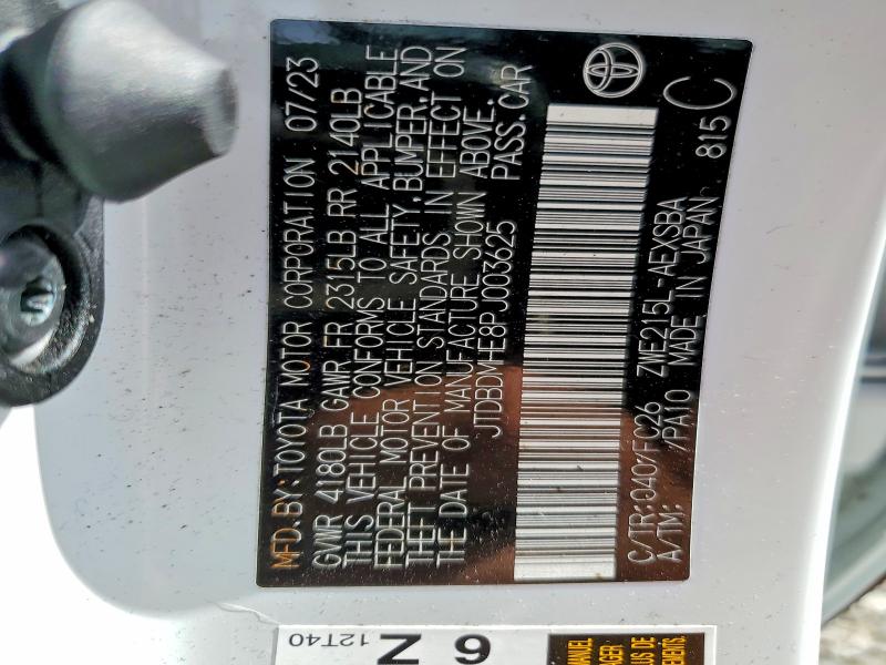 2023 Toyota Corolla Hybrid მანქანა იყიდება აუქციონზე, vin: JTDBDMHE8PJ003625, აუქციონის ნომერი: 62917146