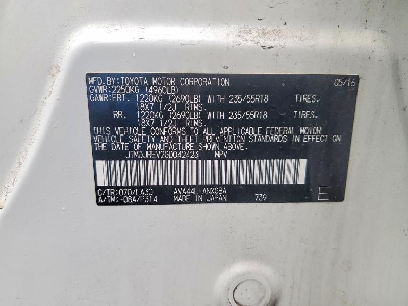 Aukcja sprzedaży 2016 Toyota Rav4 Hv, vin: JTMDJREV2GD042423, numer aukcji: 61395436