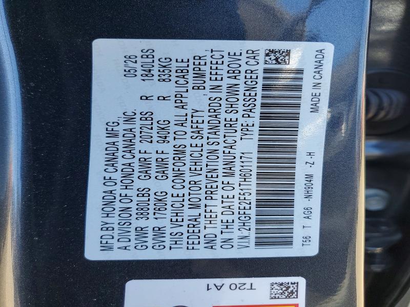 Продаж на аукціоні авто 2026 Honda Civic, vin: 2HGFE2F51TH601171, номер лоту: 61189076