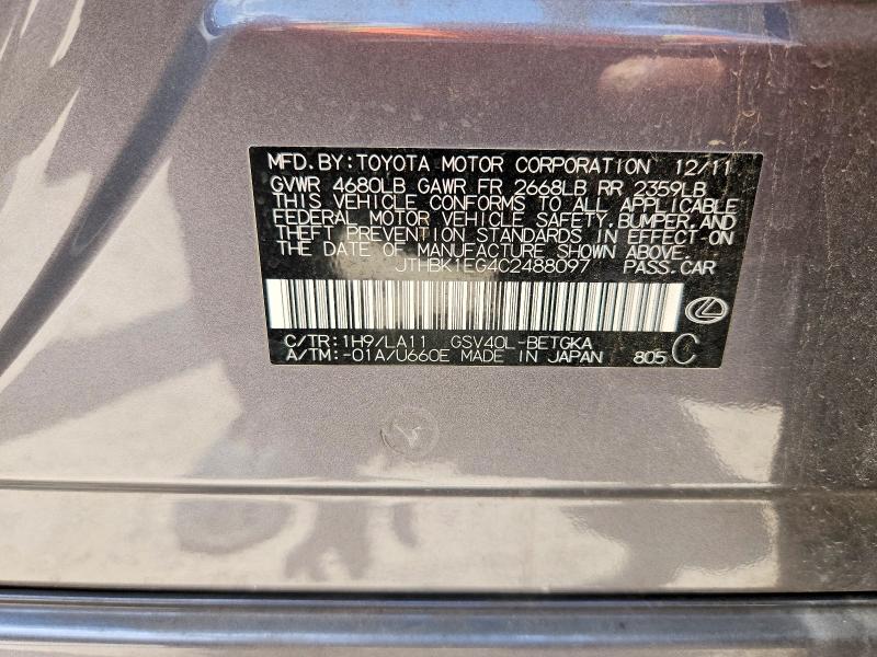 Продажа на аукционе авто 2012 Lexus Es, vin: JTHBK1EG4C2488097, номер лота: 62507326