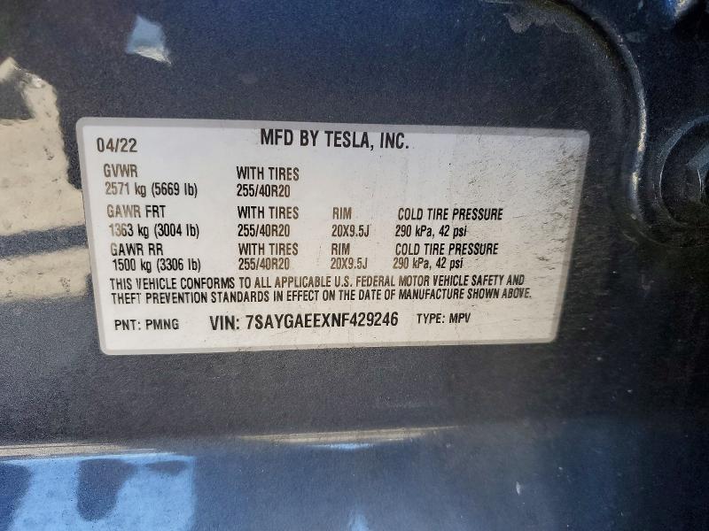 62238926 :رقم المزاد ، 7SAYGAEEXNF429246 vin ، 2022 Tesla Model Y مزاد بيع
