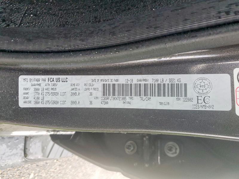 Auction sale of the 2019 Ram 1500, vin: 1C6SRFJT0KN721085, lot number: 58940486