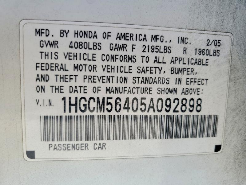 Продаж на аукціоні авто 2005 Honda Accord, vin: 1HGCM56405A092898, номер лоту: 62431586