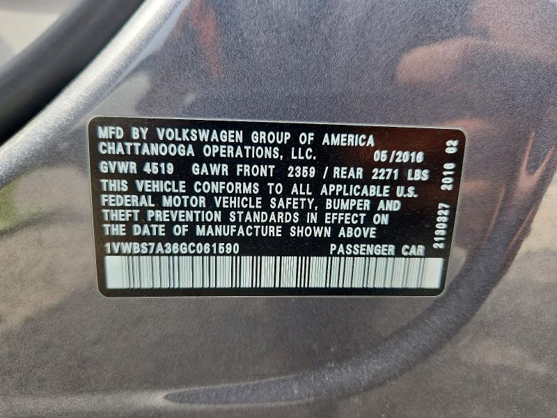 2016 Volkswagen Passat მანქანა იყიდება აუქციონზე, vin: 1VWBS7A36GC061590, აუქციონის ნომერი: 61817336