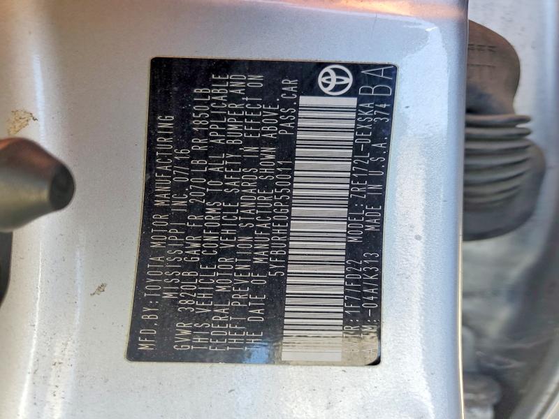 60256176 :رقم المزاد ، 5YFBURHE0GP550011 vin ، 2016 Toyota Corolla مزاد بيع
