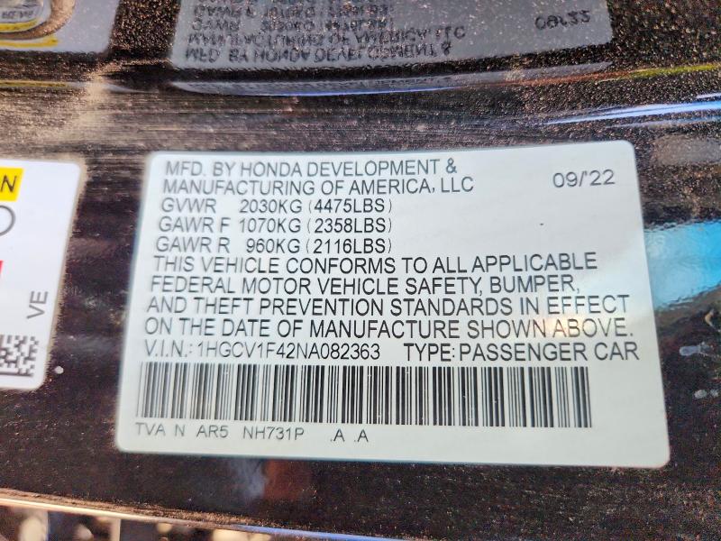 2022 Honda Accord მანქანა იყიდება აუქციონზე, vin: 1HGCV1F42NA082363, აუქციონის ნომერი: 52257676