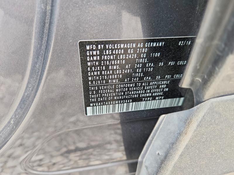 Aukcja sprzedaży 2016 Volkswagen Tiguan, vin: WVGAV7AX6GW593649, numer aukcji: 61803016