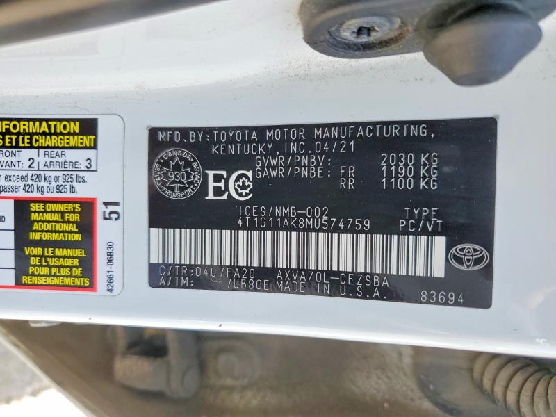62418696 :رقم المزاد ، 4T1G11AK8MU574759 vin ، 2021 Toyota Camry مزاد بيع