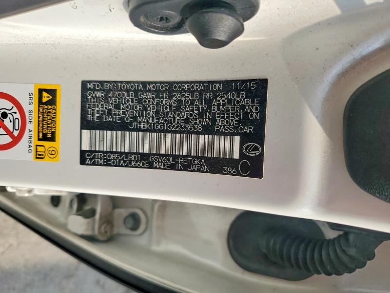 Aukcja sprzedaży 2016 Lexus Es, vin: JTHBK1GG1G2233538, numer aukcji: 62423936