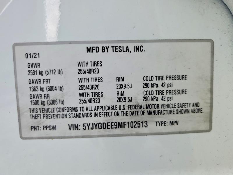 Aukcja sprzedaży 2021 Tesla Model Y, vin: 5YJYGDEE9MF102513, numer aukcji: 59623886